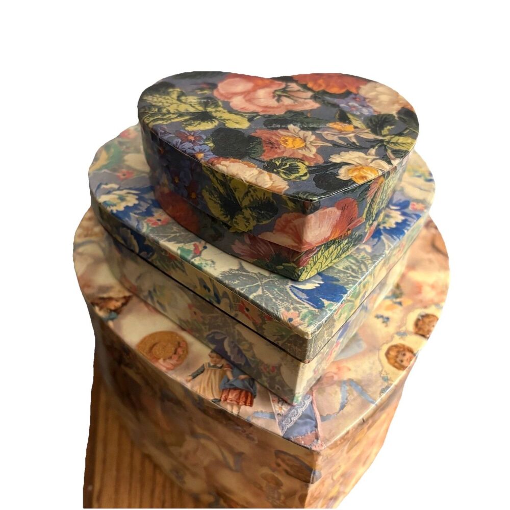 Vintage 1995 Victorian Kids Floral Nesting Boxes Trinket Keepsake Set Of 3